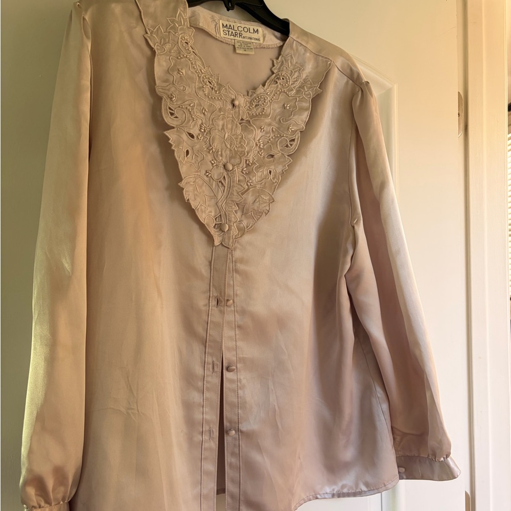 Malcolm Starr Embroidered V-Neck Blouse in Light Blush